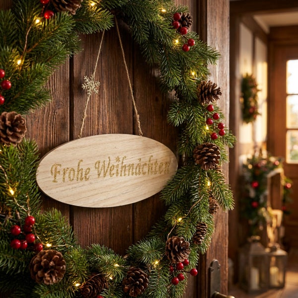 Weihnachtskranz aus Tannenzweigen mit Zapfen und Beeren sowie einem hölzernen Frohe Weihnachten Schild an einer Holztür