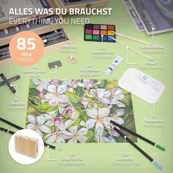 ECD Germany Malset Koffer 85-teilig, Künstlerset Maler, inkl. 3 Zeichenblock, Acrylpad & Zubehör, Malkoffer Kunstbedarf in tragbarer Holzkiste, Professionelles Kunstset, Zeichenset, Holzkoffer Etui