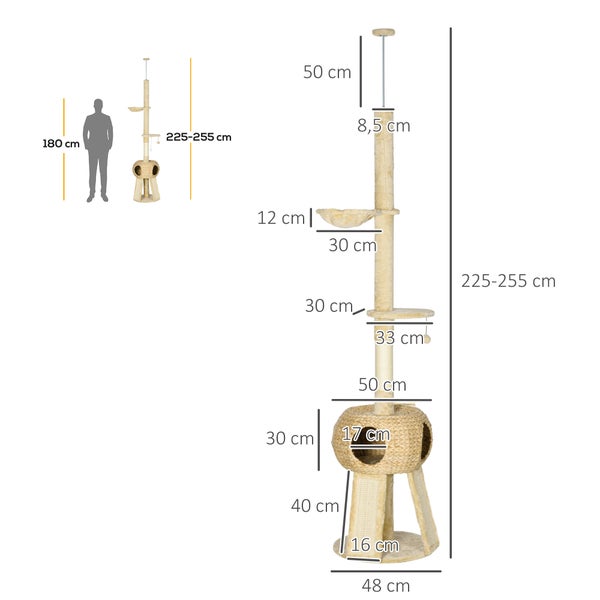 PawHut Kratzbaum Deckenhoch, 225-255 cm Katzenkratzbaum mit Katzenhöhle, Katzenbaum mit Spielball, Hängematte, Kletterbaum für Katzen bis 5 kg, Katzenmöbel, Plüsch, Beige