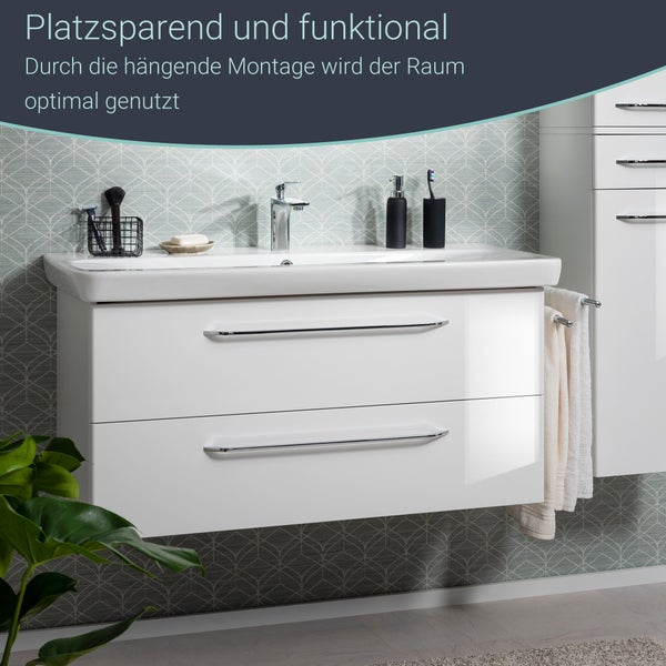 FACKELMANN MILANO Badmöbel Set 2 Teile – Waschtisch mit Unterschrank fürs Badezimmer – Waschbeckenunterschrank mit Schubladen in Weiß – Badschrank hängend – 100 cm breit