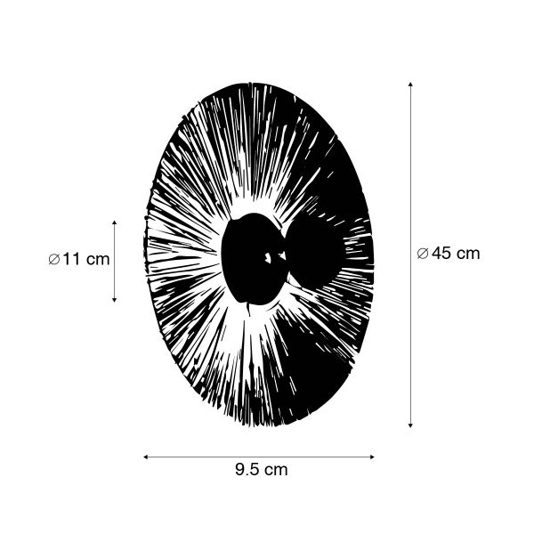 Technische Zeichnung Wandleuchte: Durchmesser 45 Zentimeter, Tiefe 9,5 Zentimeter, Innendurchmesser 11 Zentimeter.
