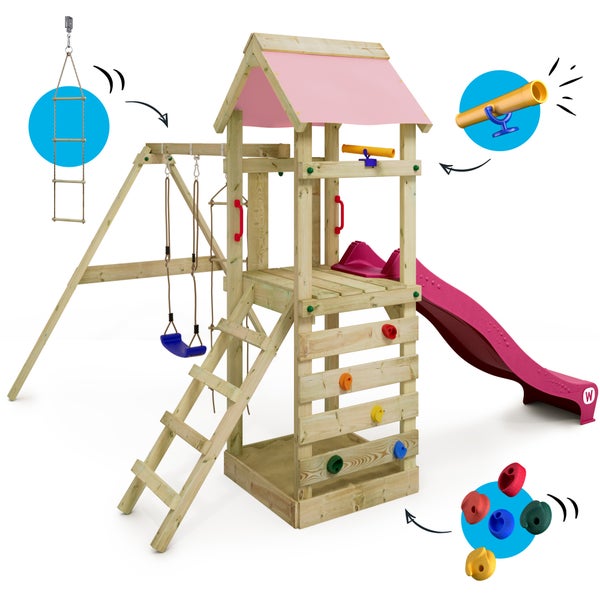 WICKEY Spielturm Klettergerüst FreeFlyer mit Schaukel und Rutsche, Kletterturm mit Sandkasten, Leiter und Spiel-Zubehör – pastellpink
