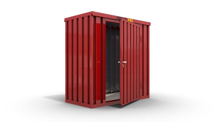 Lagercontainer Gerätehaus XS  – 2 qm, H2150 x B2100 x T1140 mm, Außenwandlackierung RAL 3000 feuerrot, Dach außen verzinkt, mit Holzfußboden, 1270 mm Einflügeltür mittig in Breitseite, montiert