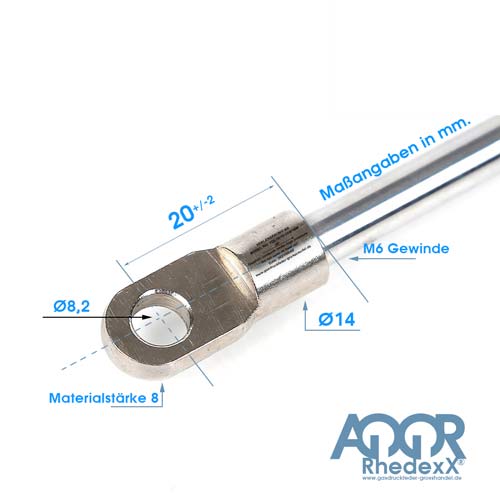 AQQR Rhedexx Gasdruckfeder: Länge 315 Millimeter, Hub 100 Millimeter, Zylinderdurchmesser 18 Millimeter, Kolbenstangendurchmesser 8 Millimeter.