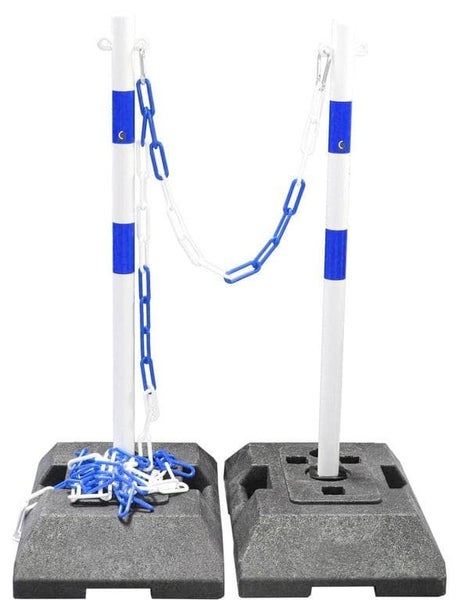 Kettenständer Set schwere Stahl Kettenpfosten als 1m x Ø42mm inkl. Kette, 18 kg Fuß / Kette blau/weiß / Set B = 2 Pfosten