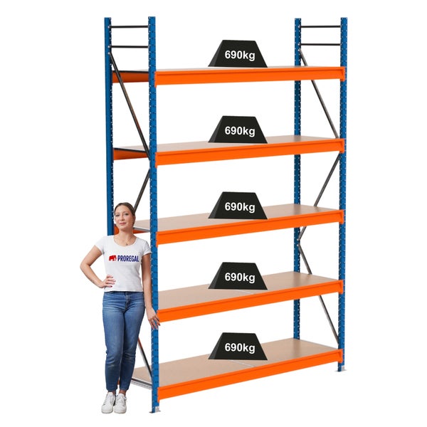 Metallregal mit fünf Regalböden und einer maximalen Traglast von 690 Kilogramm pro Boden.