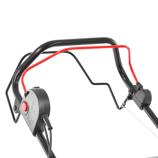 Führungsholm eines Rasenmähers mit rotem Sicherheitsbügel und Bedienelementen am Griff.