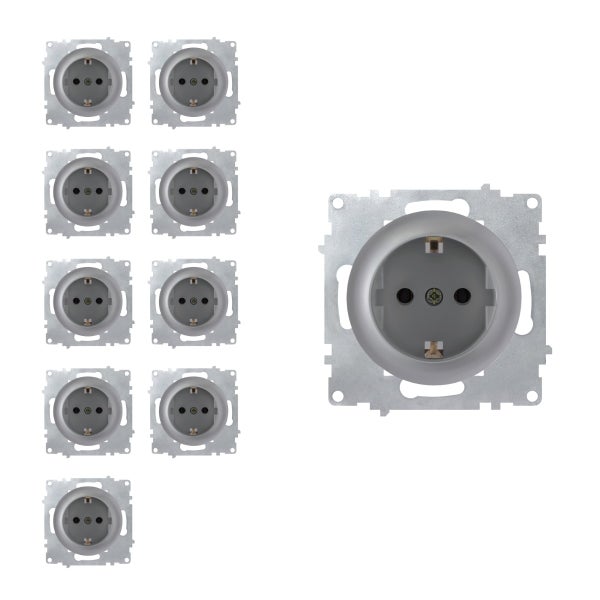 Set mit neun Steckdosen Einsätzen für Unterputzinstallation in quadratischem Rahmen