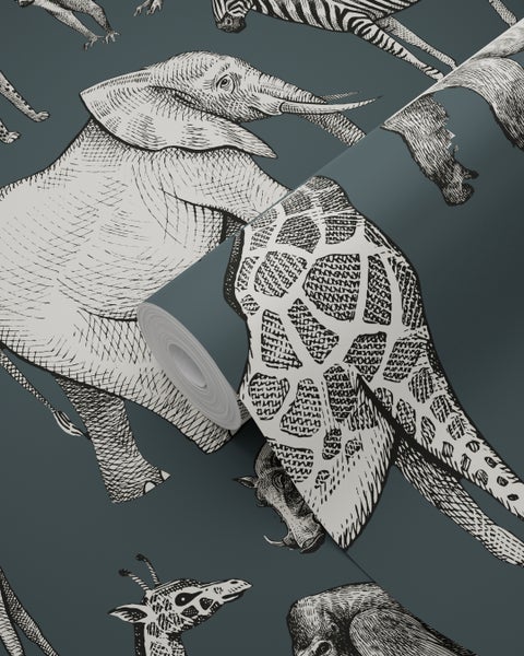 Tapetenrolle mit Tiermuster, inklusive Elefanten, Giraffen und Zebras