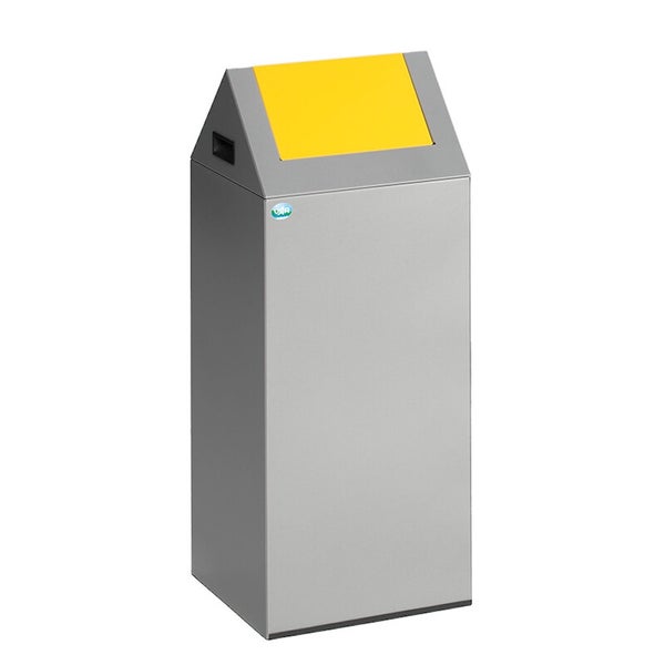 Wertstoffsammler aus Metall mit Giebeldach und gelber Einwurfklappe.