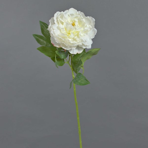 Künstliche Pfingstrose mit weißer Blüte, grünen Blättern und langem Stiel.