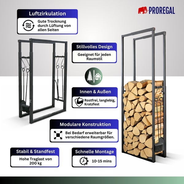 ProRegal Kaminholzregal für innen und außen mit Kaminbesteck, 200 Kilogramm Traglast, modulare Konstruktion, rostfrei und gute Luftzirkulation.