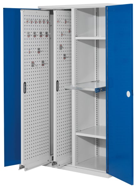 Werkstattschrank mit Lochplatten, Regalböden und Türen