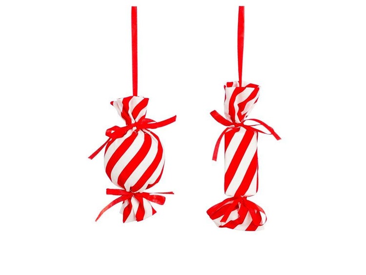 Zwei Baumschmuck Anhänger in Form von Bonbons mit Streifenmuster zum Aufhängen