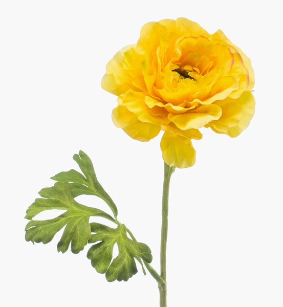Künstliche Ranunkel mit gelber Blüte und grünem Blatt.