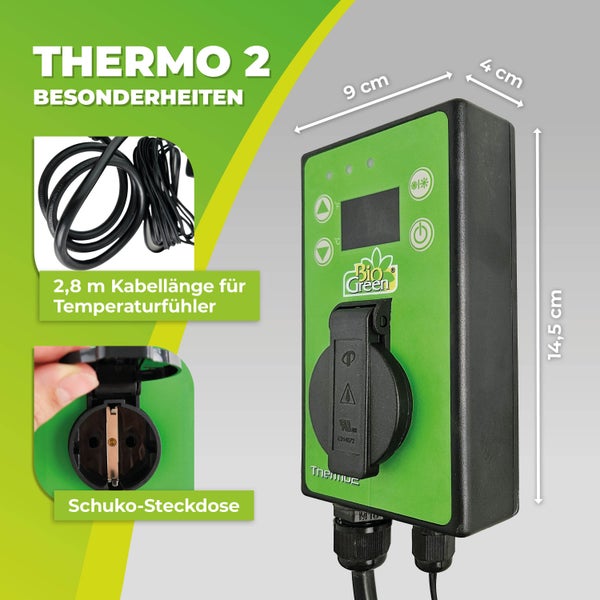 Bio Green Digitalthermostat Thermo 2 mit Maßen 9 mal 4 mal 14,5 Zentimeter, Schuko Steckdose und 2,8 Meter langem Temperaturfühler Kabel.