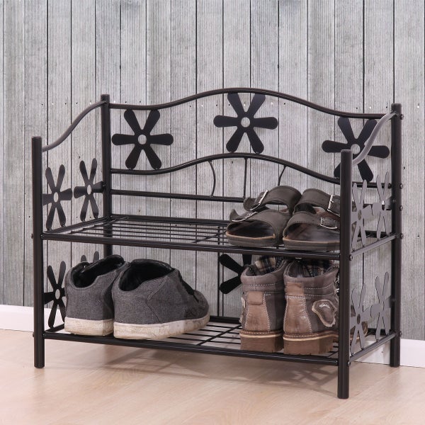 Schuhregal aus Metall mit zwei Ablagen und Blumendekor