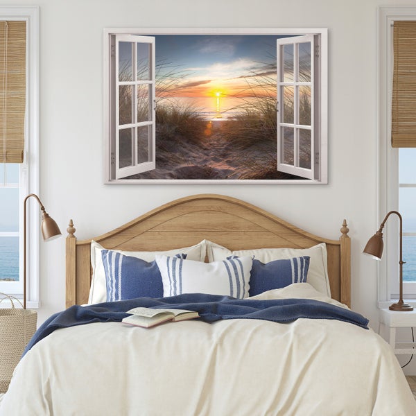 Leinwandbild Fenster Strand Meer Bilder Wohnzimmer 100X70 cm