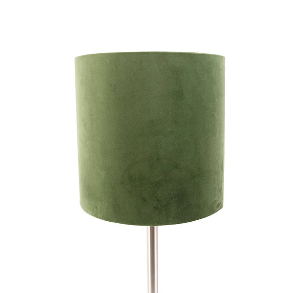 Stehlampe mit grünem Samt Lampenschirm und silberfarbenem Gestell