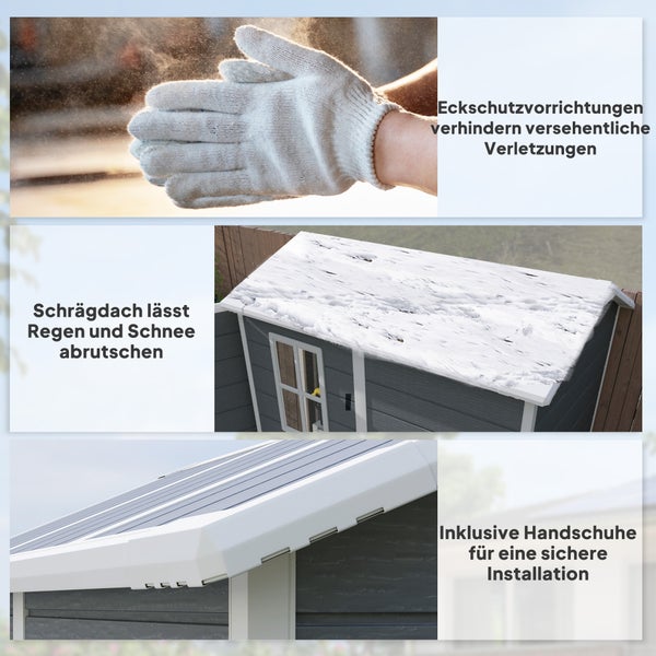Gartenhaus-Details mit Eckschutzvorrichtungen, Schrägdach für Regen und Schnee sowie Handschuhen für die sichere Montage.