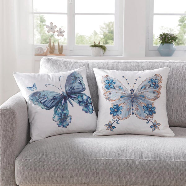 FRANK FLECHTWAREN|Kissenhülle Blauer Schmetterling, 2er Set, 45 x 45 cm, POLYESTER