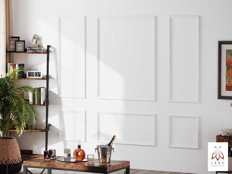 Dekoratives Wohnzimmer mit Bücherregal, Tisch und Wandpaneelen