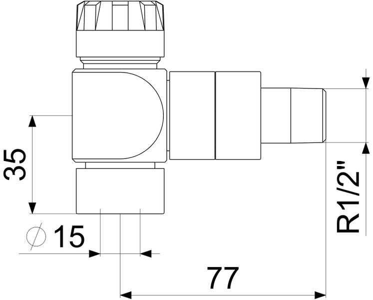 Technische Zeichnung eines Ventils mit Massen in Millimeter: Gesamtlänge 77, Durchmesser 15, Anschluss R 1/2 Zoll.