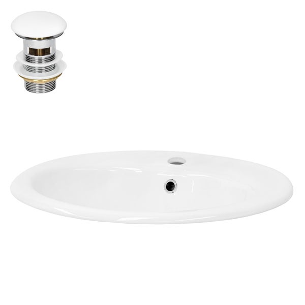 ML-Design Waschbecken Keramik Weiß glänzend 57x19,5x48,5cm Oval inkl Ablaufgarnitur mit Überlauf Einbauwaschbecken Badezimmer Aufsatzwaschbecken Einbauwaschtisch Waschschale Waschplatz Handwaschbecken
