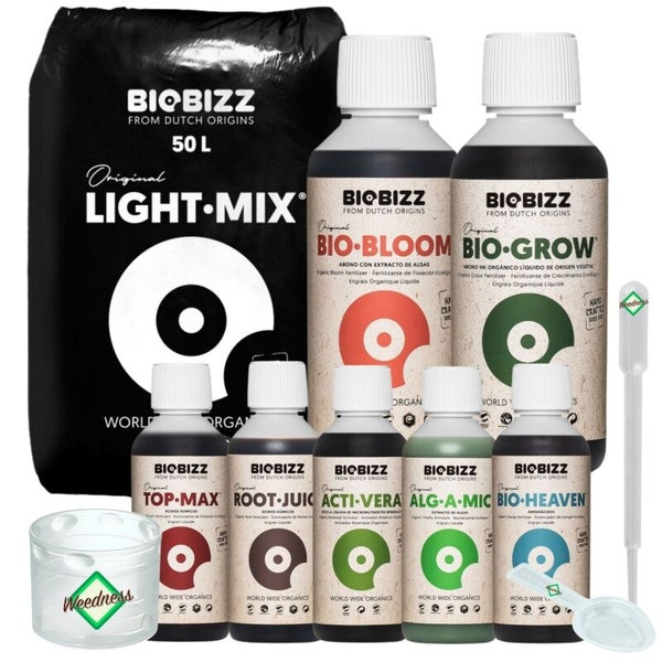 BioBizz Dünger Set mit 50 Liter Light-Mix Erde, Bio-Bloom, Bio-Grow, Top-Max, Root-Juice, Acti-Vera, Alg-A-Mic, Bio-Heaven und Messwerkzeugen.