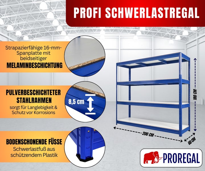 Proregal Profi Schwerlastregal aus Stahl und Melamin. Maße zweihundert mal sechzig mal einhundertachtzig Zentimeter. Proregal Logo.