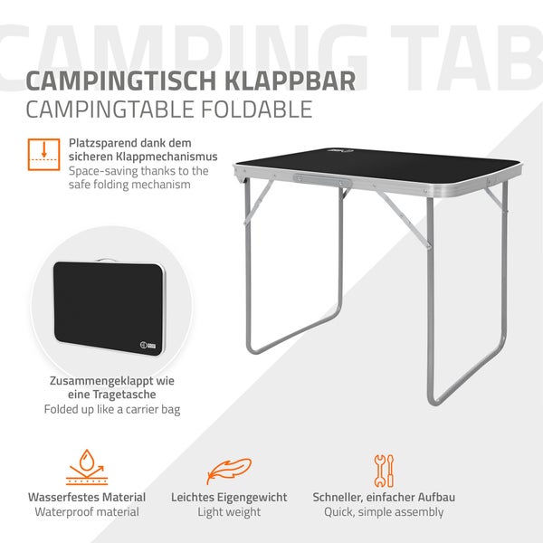 ECD Germany Alu Campingtisch Klapptisch 70x50x60 cm, Schwarz, MDF-Platte, klappbar, tragbar, leicht, Falttisch für Picknick, Camping Koffertisch mit Griff, Gartentisch Reisetisch Balkontisch Esstisch
