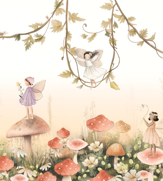 Illustration von Feen, Fliegenpilzen, Blumen und Ranken