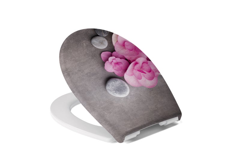 Calmwaters® WC Sitz Motiv Wellness Orchidee einfache Montage, Toilettendeckel bis 250 kg, Made in EU, antibakterieller Duroplast, Absenkautomatik, 2 Montage Optionen, abnehmbar, Klobrille, oval