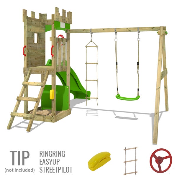 FATMOOSE Spielturm Klettergerüst TreasureTower mit Schaukel und Rutsche, Kletterturm mit Sandkasten, Leiter und Spiel-Zubehör - apfelgrün