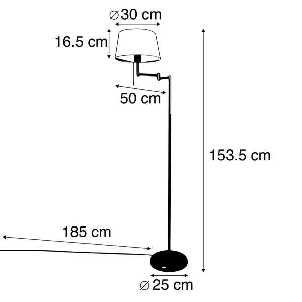 Skizze einer Stehlampe mit den Maßen Höhe 153,5 cm, Lampenschirmdurchmesser 30 cm, Lampenschirmhöhe 16,5 cm, Ausladung des Arms 50 cm, Kabellänge 185 cm und Fußdurchmesser 25 cm.