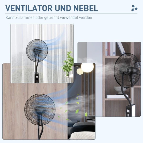 HOMCOM Standventilator mit Wasser, Ventilator mit Nebelfunktion, 3 Modi, Oszillierend 90W Standventilator mit Wasserkühlung, 3L Wassertank, Timer, Rollen, Schwarz