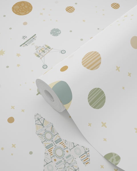 Vliestapete mit Weltraum-Motiv, Raketen, Planeten und Sternen, Tapetenrolle.