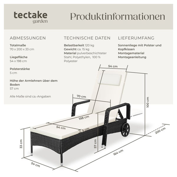 Produktinformationen zur tectake Gartenliege mit Abmessungen, technischen Daten, Lieferumfang und einer bemaßten Grafik.