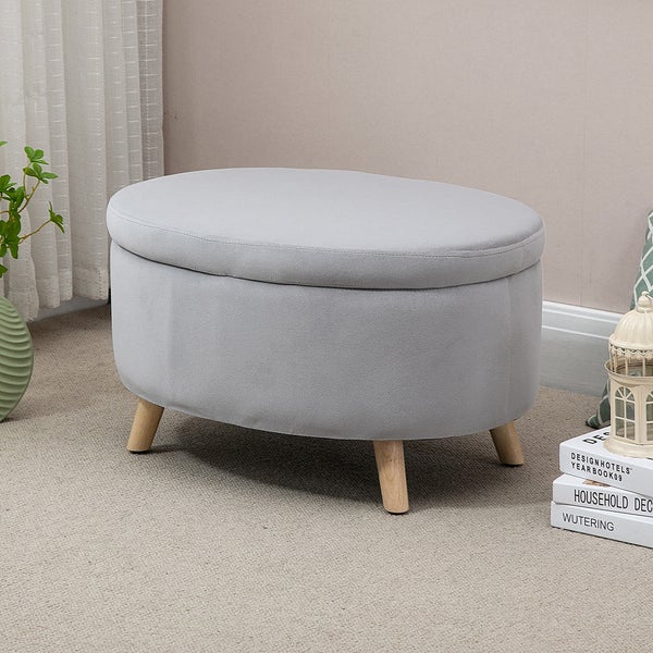 HOMCOM Sitzbank mit Stauraum, Oval Polsterbank mit Deckel, Bettbank mit Samtoptik, für Flur Schlafzimmer Wohnzimmer, Holzbeine 71 x 51,5 x 42 cm Hellgrau