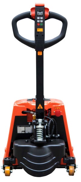 Vorderansicht eines Elektro-Niederhubwagens mit Handgriff, Ziffernblock und Deichsel.