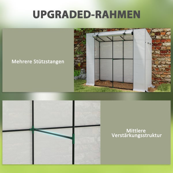 Outsunny Gewächshaus mit Rolltür 2 Fenster, winterfest Foliengewächshaus aus Stahl, Treibhaus für Balkon, Garten, Tomatenhaus mit UV schutz 200x76x170cm Tomatengewächshaus für Gemüse Blumen, Weiß