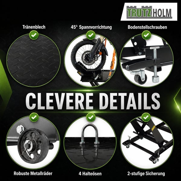 Trutzholm Motorrad Hebebühne Details: Tränenblech, 45 Grad Spannvorrichtung, Bodenstellschrauben, Metallräder, 4 Halteösen, 2-stufige Sicherung.