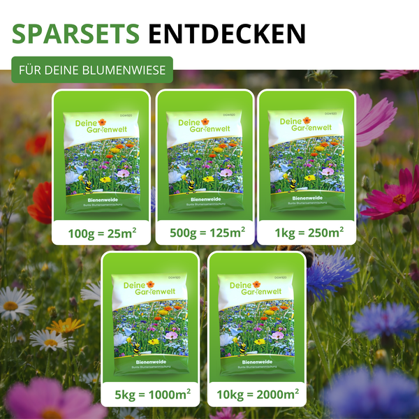 Blumenmischung Bienenweide von Deine Gartenwelt in Packungsgrößen für 25 bis 2000 Quadratmeter vor einer Blumenwiese.