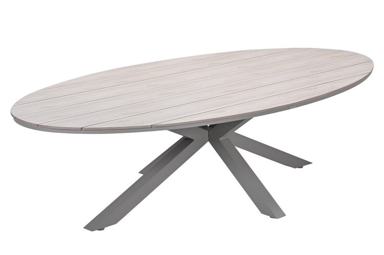 Ovaler Gartentisch mit Tischplatte in Holzoptik und stabilem Metall-Untergestell.