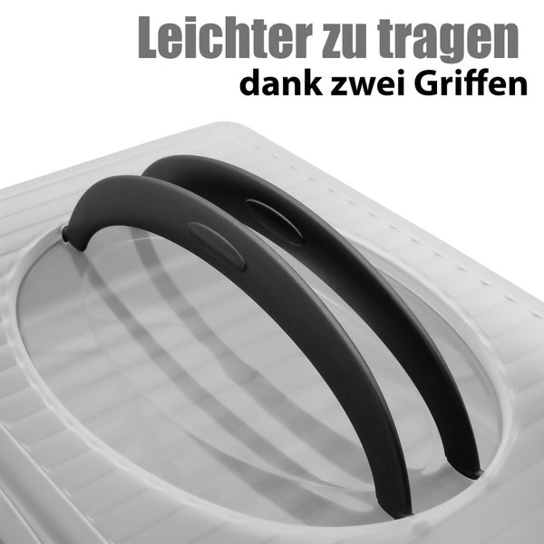 Detailansicht eines Deckels mit zwei schwarzen Tragegriffen für leichteren Transport.