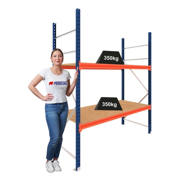 Blau-oranges Schwerlastregal aus Metall mit zwei Holzböden, Traglast 350 Kilogramm pro Boden, Proregal Logo.