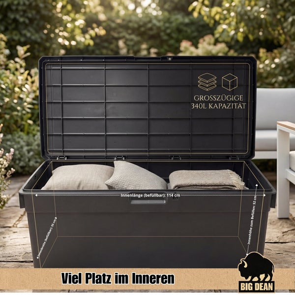 Geöffnete Kunststoff Gartenbox mit 340 Liter Volumen und befüllbaren Innenmaßen von 114 mal 55 mal 52 Zentimeter von Big Dean.