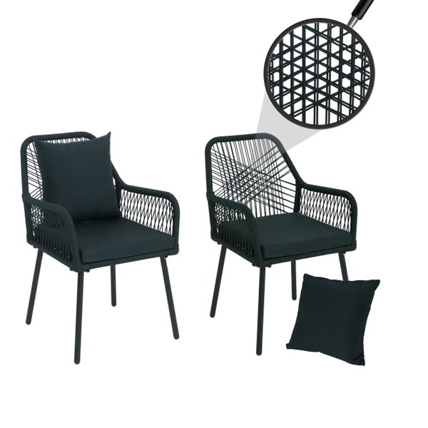 Gartenstuhl-Set bestehend aus zwei Stühlen mit Seilgeflecht, Sitzkissen und Rückenkissen. Mit Detailansicht des Geflechts.