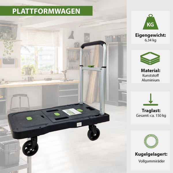 Plattformwagen aus Kunststoff und Aluminium mit klappbarem Griff, Traglast 150 Kilogramm und kugelgelagerten Vollgummirädern.