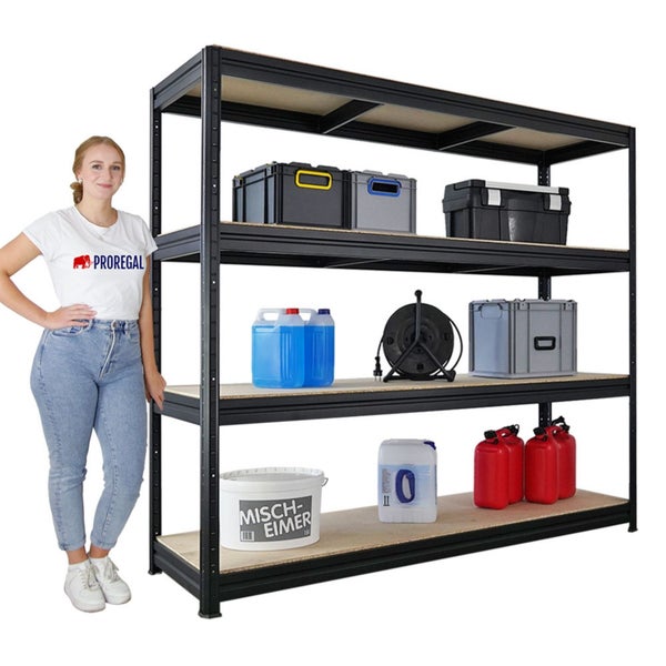 Vier-Ebenen-Regal mit Lagerbehältern und Kanistern